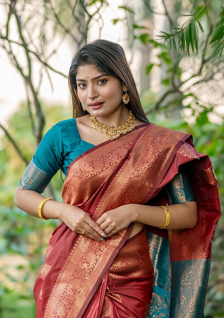 Red Woven Silk Saree Set