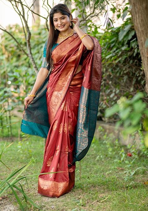 Red Woven Silk Saree Set