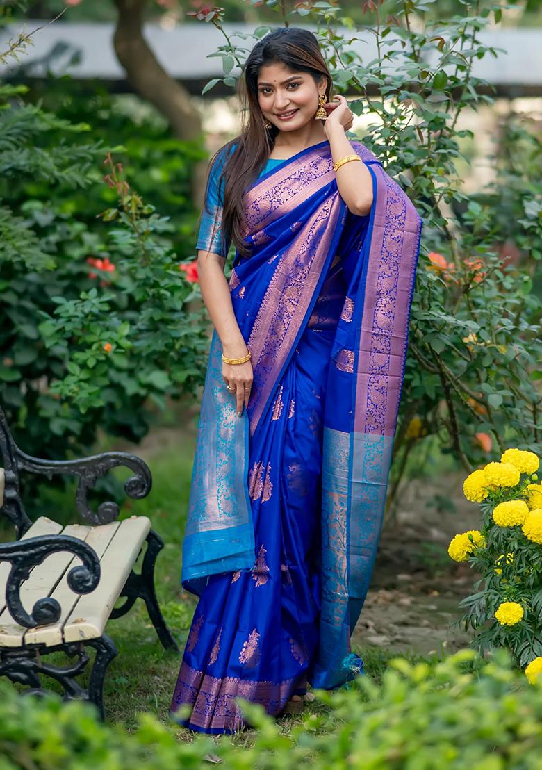 Royal Blue Woven Silk Saree Set