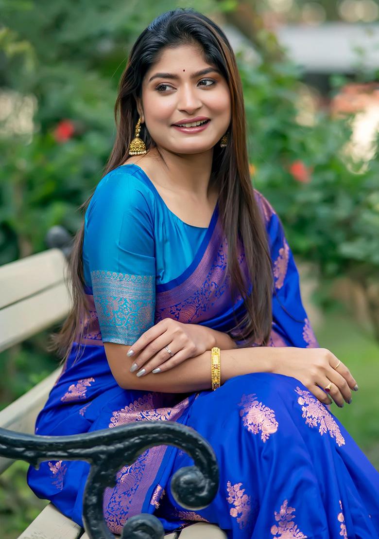 Royal Blue Woven Silk Saree Set