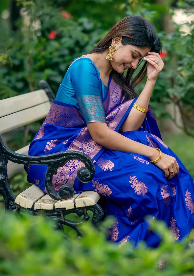 Royal Blue Woven Silk Saree Set