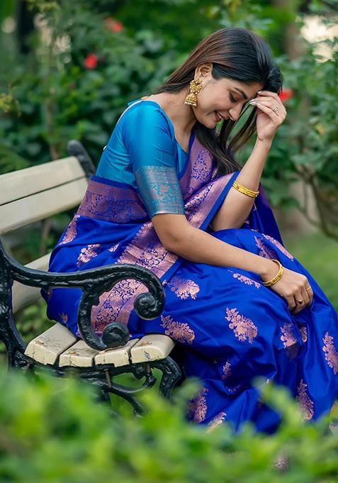 Royal Blue Woven Silk Saree Set