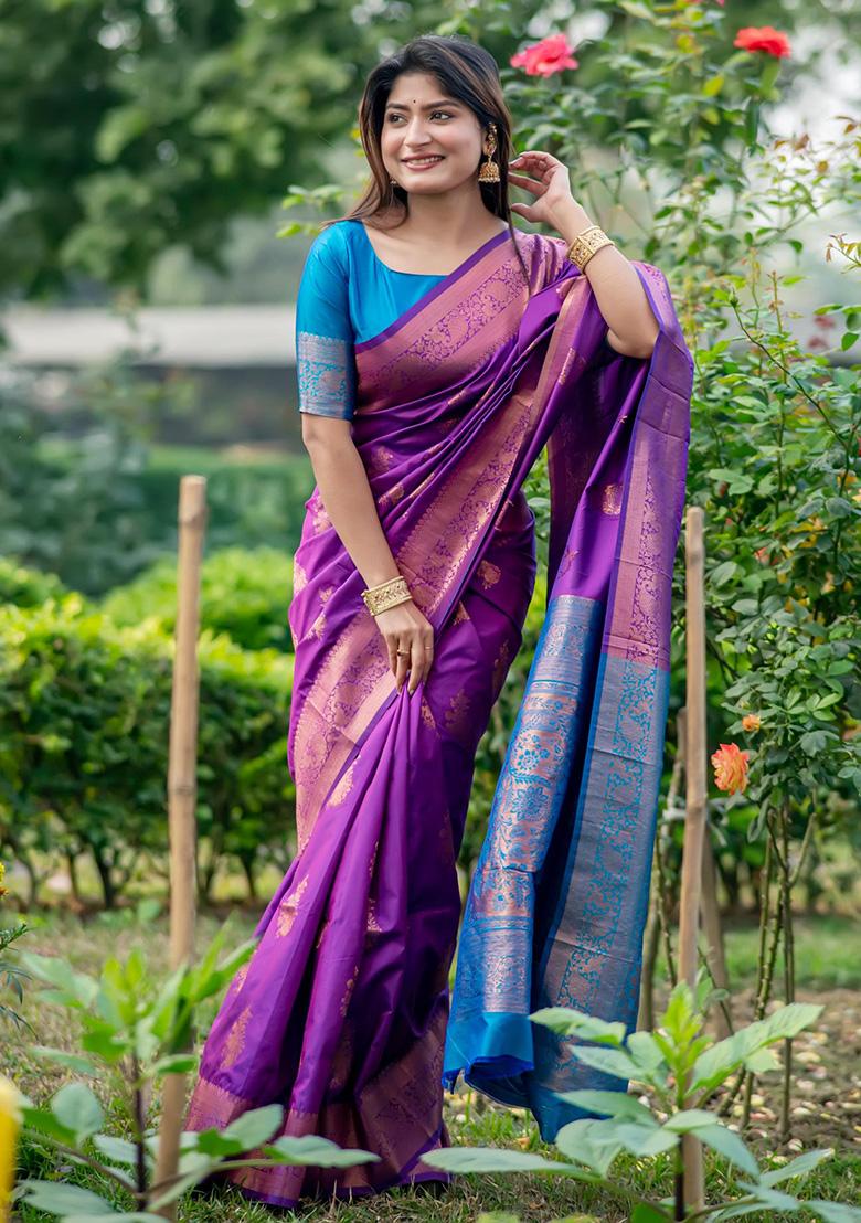 Purple Woven Silk Saree Set