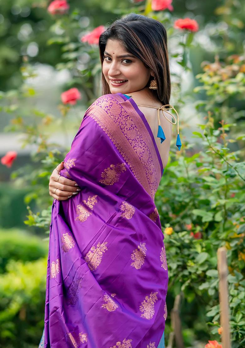 Purple Woven Silk Saree Set