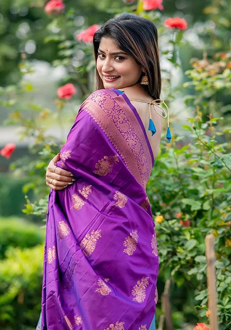 Purple Woven Silk Saree Set