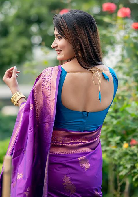Purple Woven Silk Saree Set