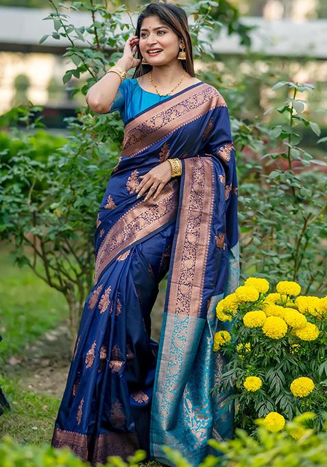 Navy Blue Woven Silk Saree Set