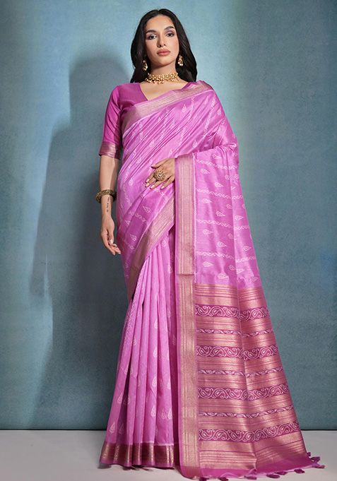 Pink Woven Silk Saree Set