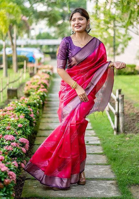 Pink Woven Art Silk Saree Set