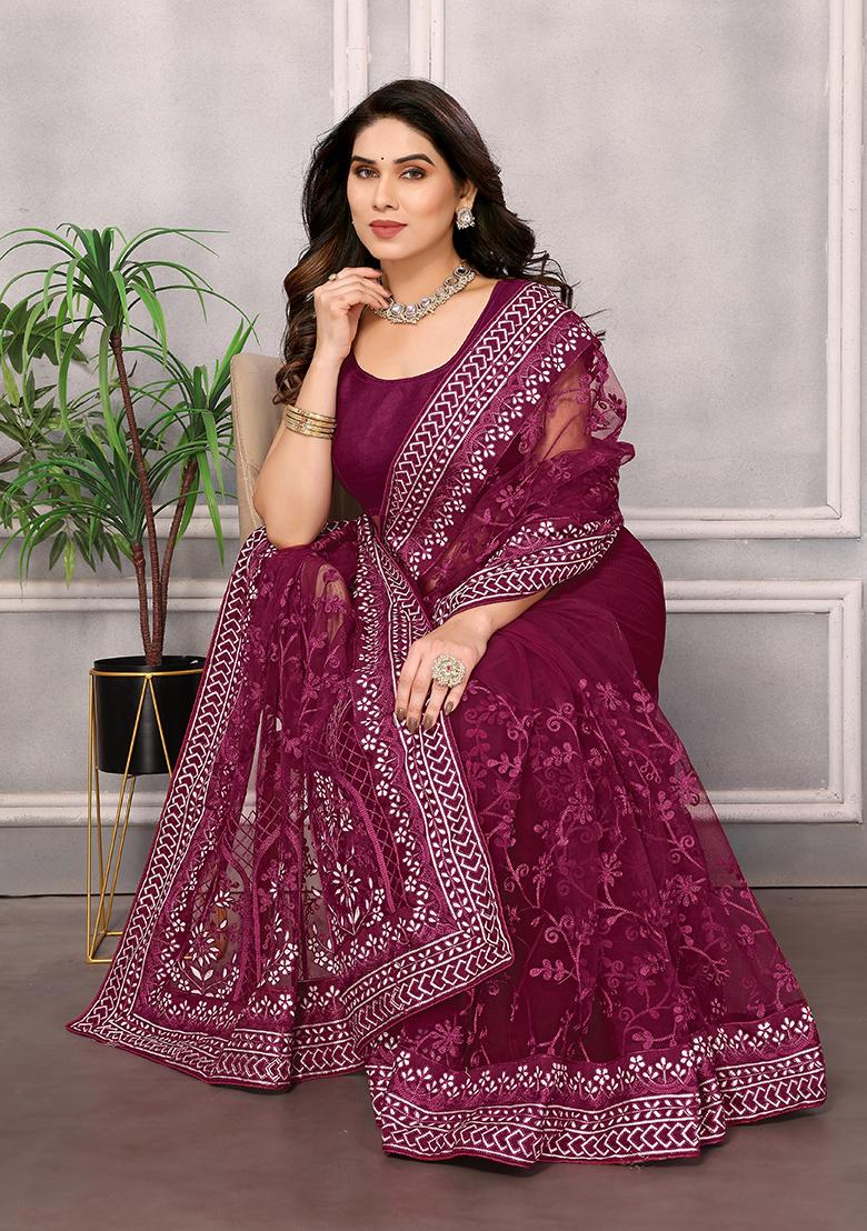 Wine Embroidered Net Saree Set