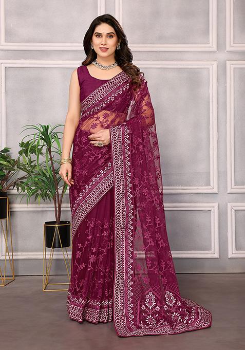 Wine Embroidered Net Saree Set