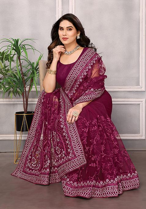 Wine Embroidered Net Saree Set