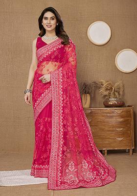 Pink Embroidered Net Saree Set