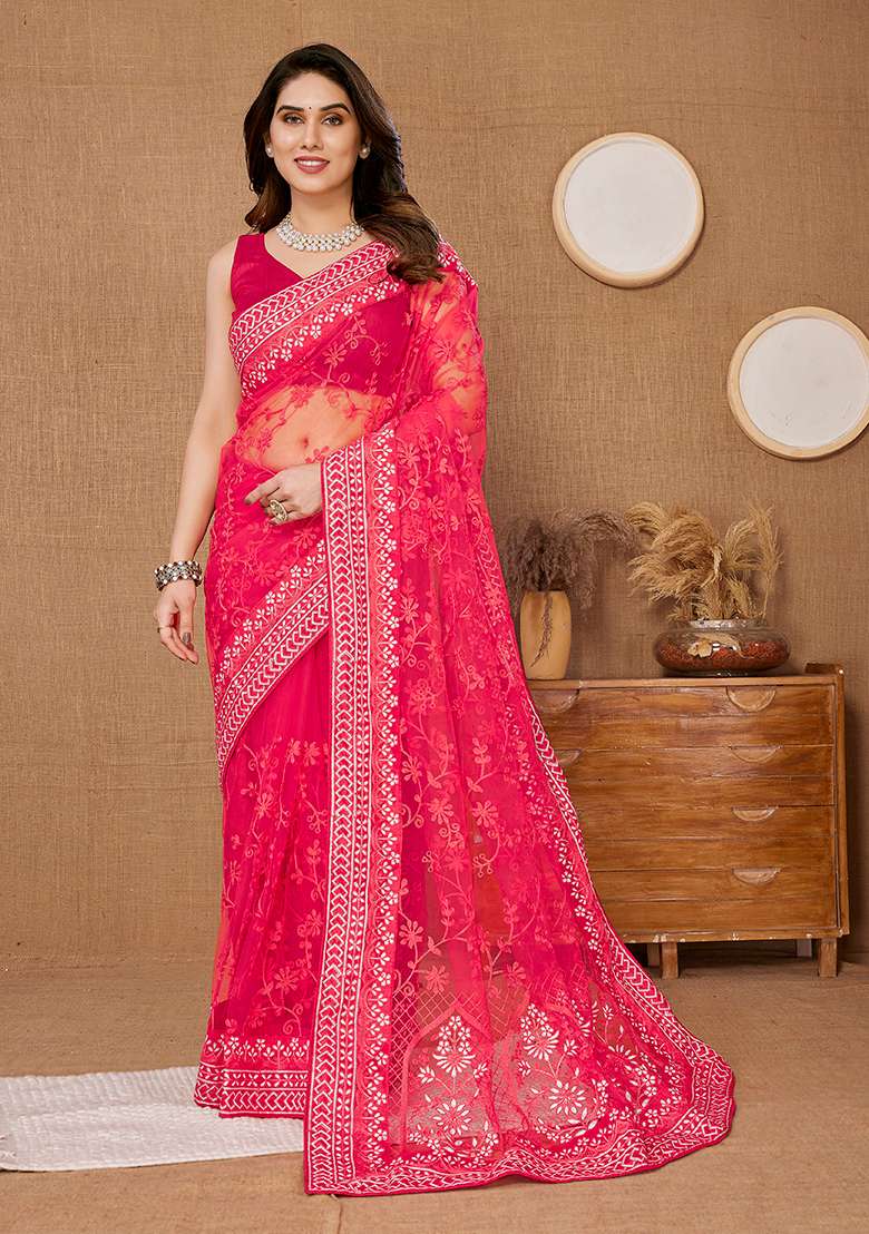Pink Embroidered Net Saree Set for Diwali and Festive Wear - Indya