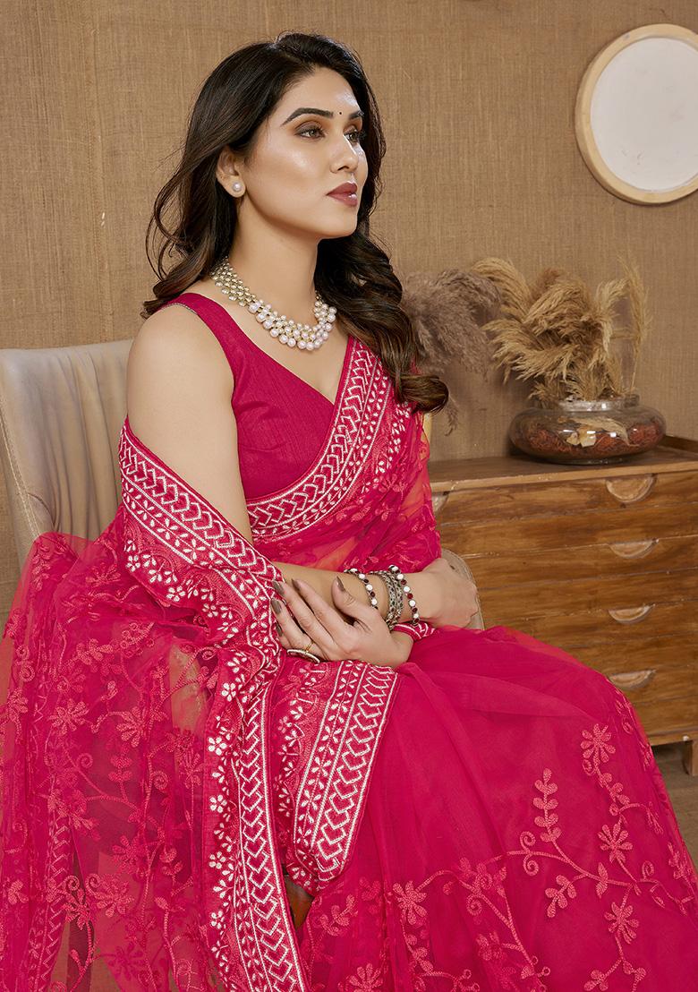 Pink Embroidered Net Saree Set