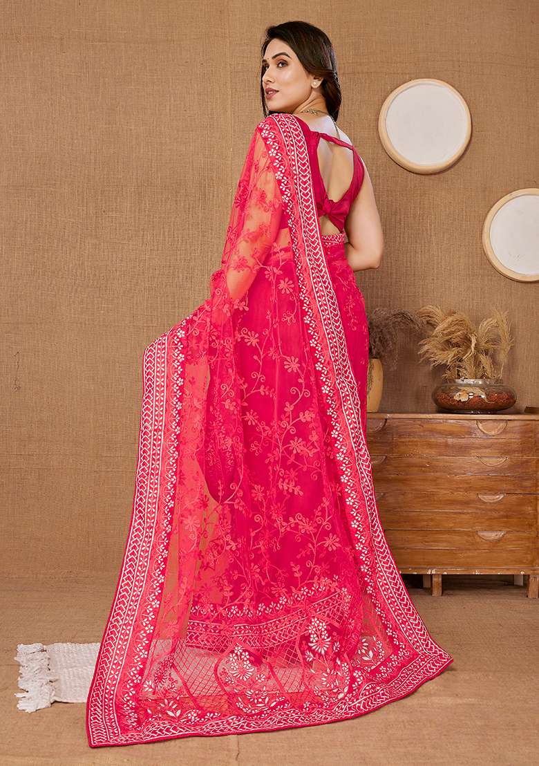 Pink Embroidered Net Saree Set for Diwali and Festive Wear - Indya