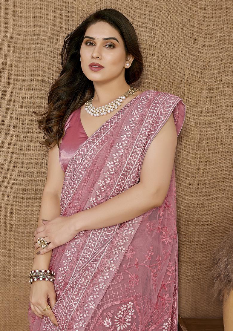 Pink Embroidered Net Saree Set