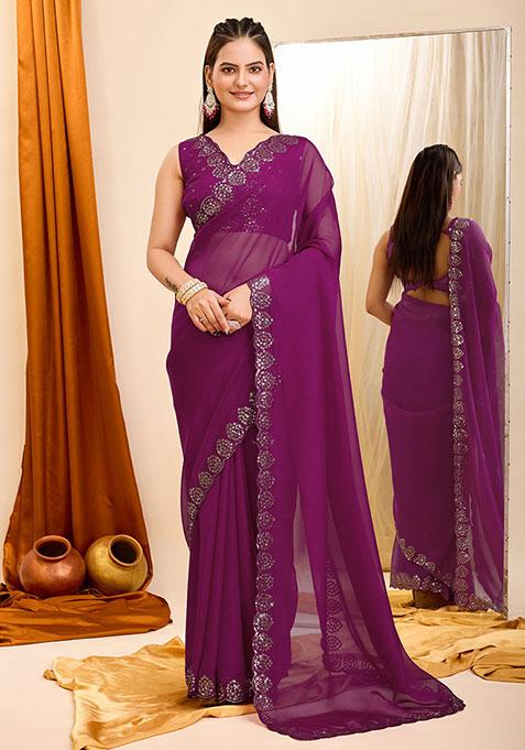 Wine Embroidered Georgette Saree Set