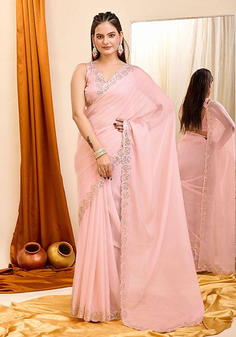 Peach Embroidered Georgette Saree Set