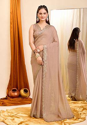 Brown Embroidered Georgette Saree Set