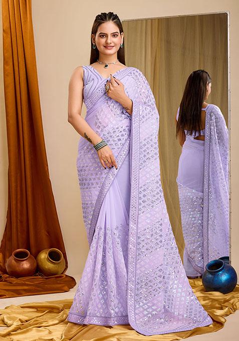 Violet Embroidered Georgette Saree Set