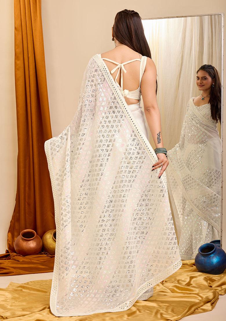 Cream Embroidered Georgette Saree Set