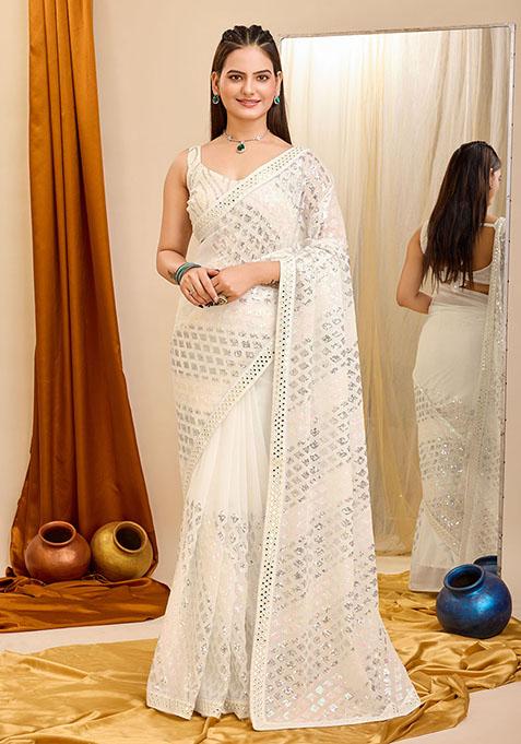 Cream Embroidered Georgette Saree Set