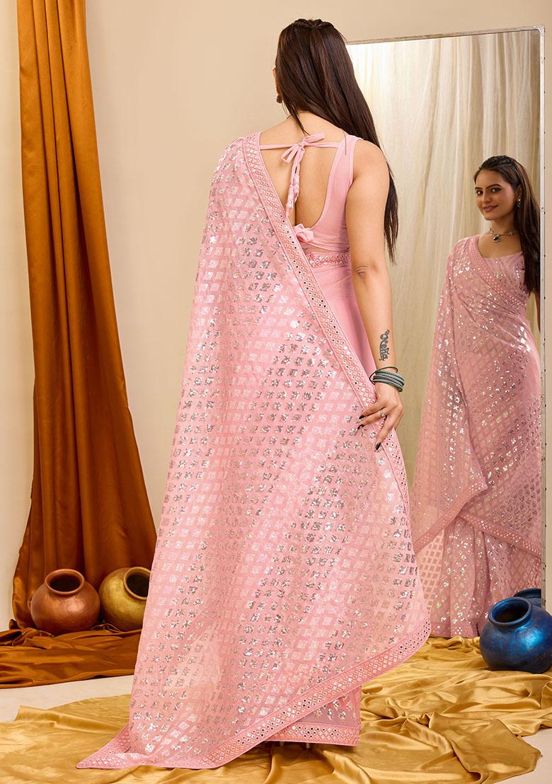 Pink Embroidered Georgette Saree Set