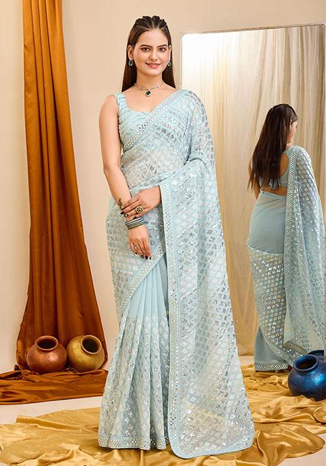 Sky Blue Embroidered Georgette Saree Set