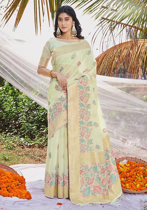 Green Woven Cotton Saree Set