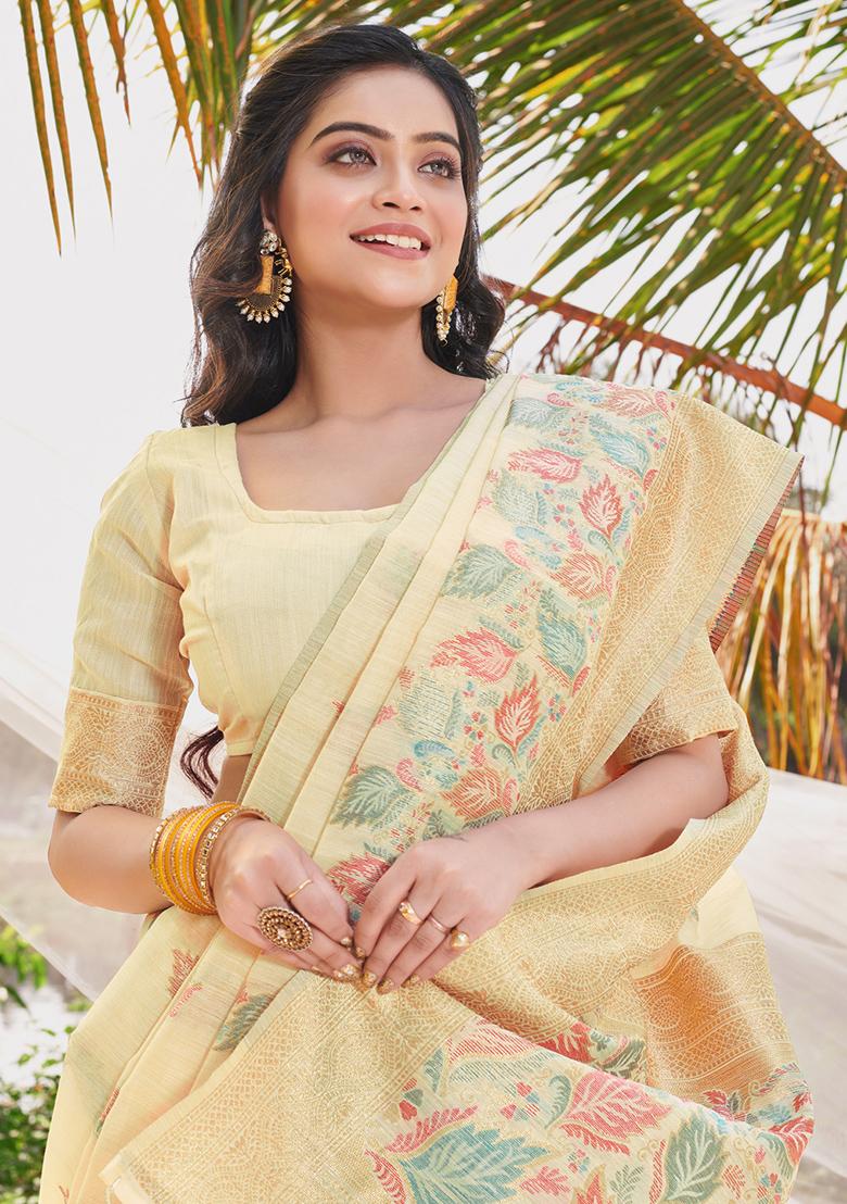 Yellow Woven Cotton Saree Set