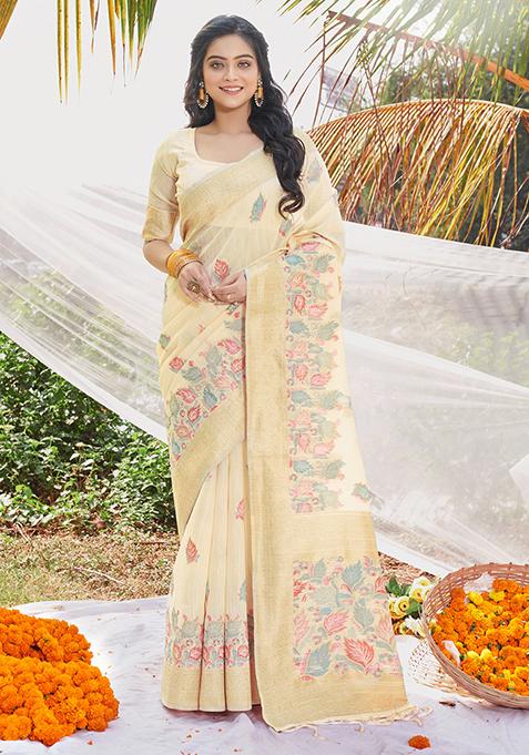 Yellow Woven Cotton Saree Set