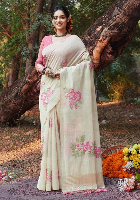 White Woven Cotton Saree Set