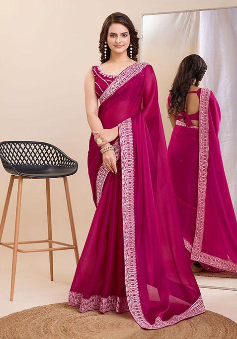 Burgundy Embroidered Art Silk Saree Set