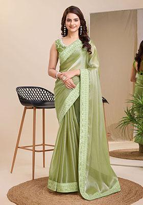 Green Embroidered Art Silk Saree Set