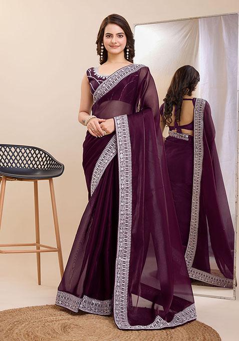 Wine Embroidered Art Silk Saree Set