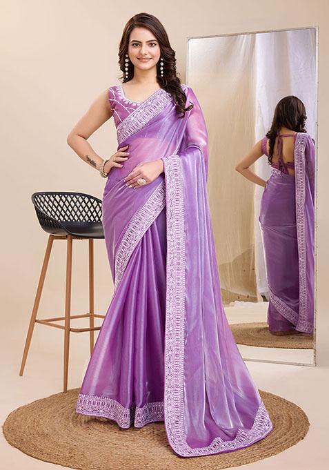 Purple Embroidered Art Silk Saree Set