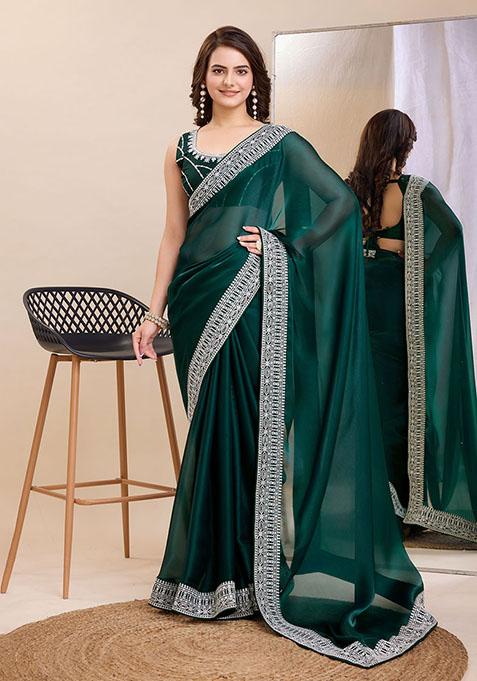 Teal Blue Embroidered Art Silk Saree Set