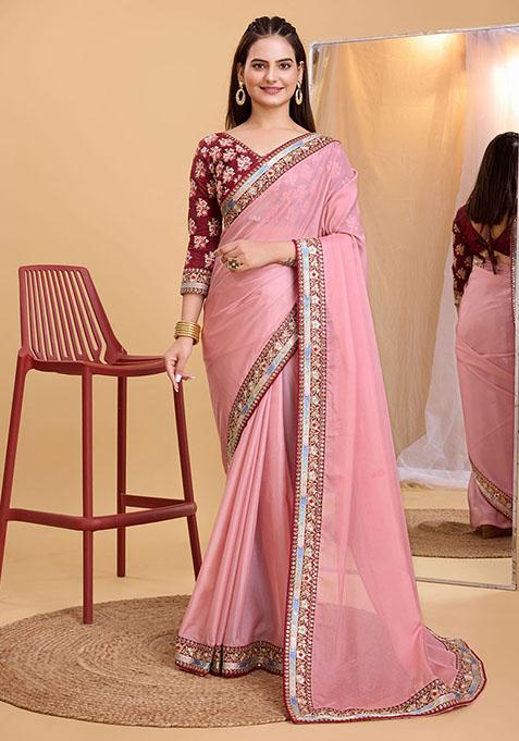 Pink Embroidered Organza Saree Set