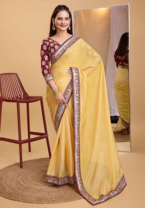 Yellow Embroidered Organza Saree Set