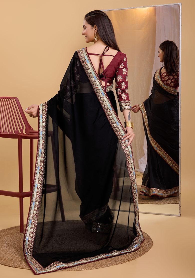 Black Embroidered Organza Saree Set