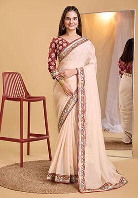 Peach Embroidered Organza Saree Set