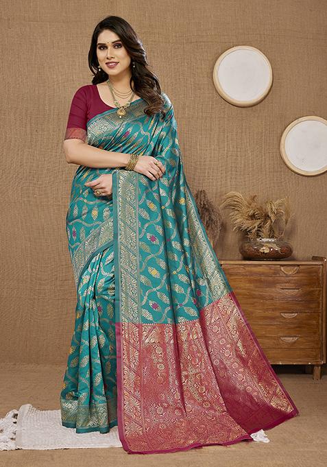 Blue Woven Silk Saree Set