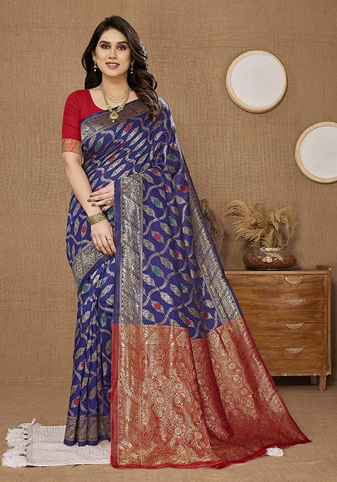 Navy Blue Woven Silk Saree Set