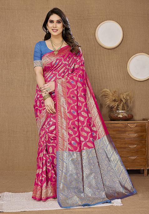 Pink Woven Silk Saree Set