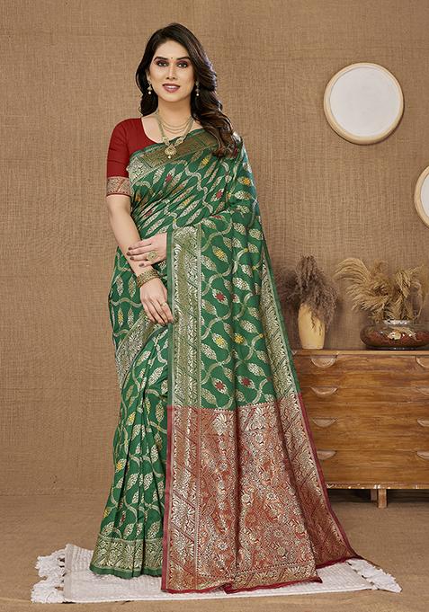 Green Woven Silk Saree Set