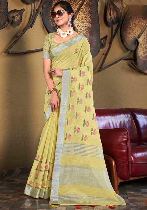 Yellow Woven Linen Saree Set