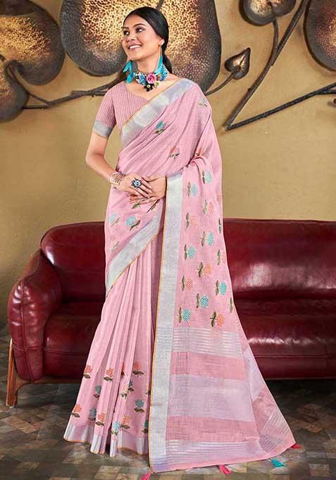 Pink Woven Linen Saree Set