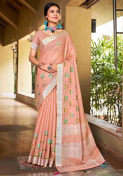 Peach Woven Linen Saree Set