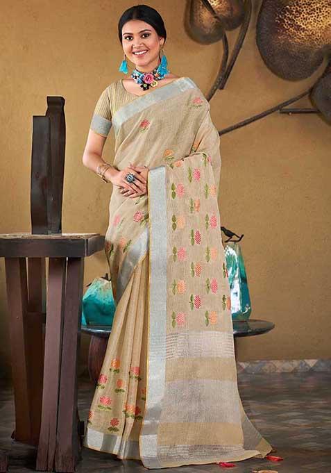 Beige Woven Linen Saree Set